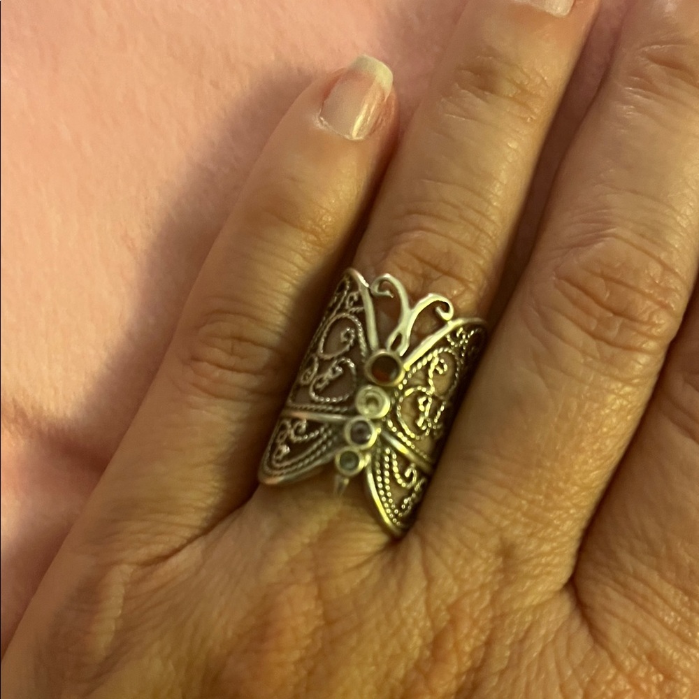 23# Elegant Silver Filigree Butterfly Ring